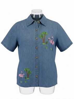 QUACKER FACTORY Cotton Denim Flamingo Embroidered Button Up Size Large